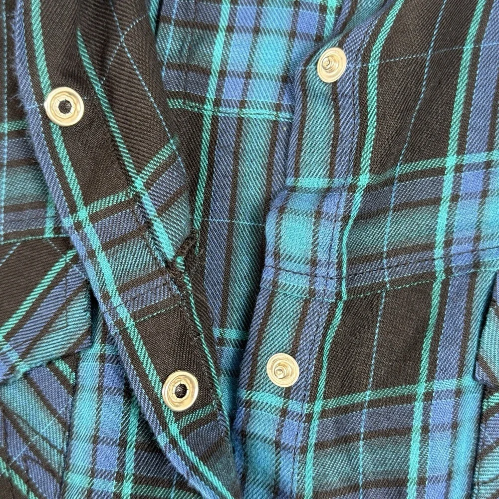 True Religion Plaid Top Logo Black Aqua‎ Blue Tunic Zip Women's Size Large Snaps